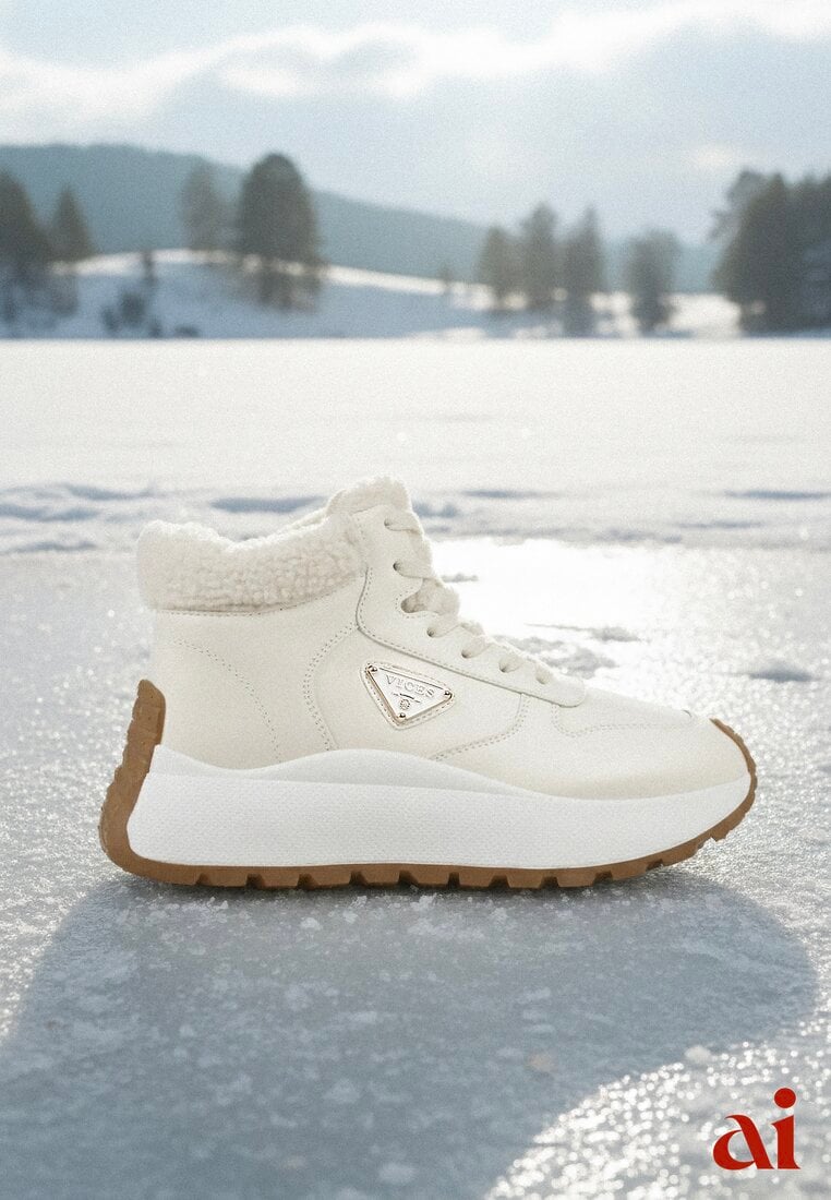 Beżowe Sneakersy Śniegowce Vices na Platformie Ozdobione Trójkątną Aplikacją Ficebia