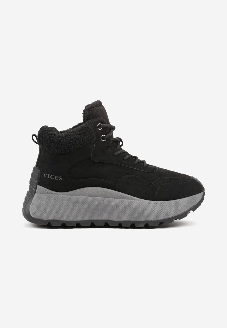 Czarne Sneakersy Śniegowce Vices na Platformie Ozdobione Napisem i Futerkiem Lanite