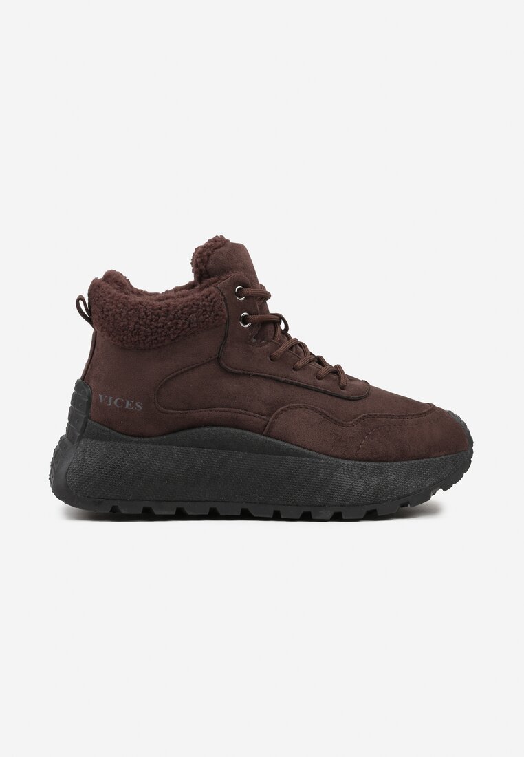 Brązowe Sneakersy Śniegowce Vices na Platformie Ozdobione Napisem i Futerkiem Lanite