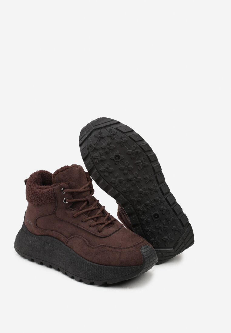 Brązowe Sneakersy Śniegowce Vices na Platformie Ozdobione Napisem i Futerkiem Lanite