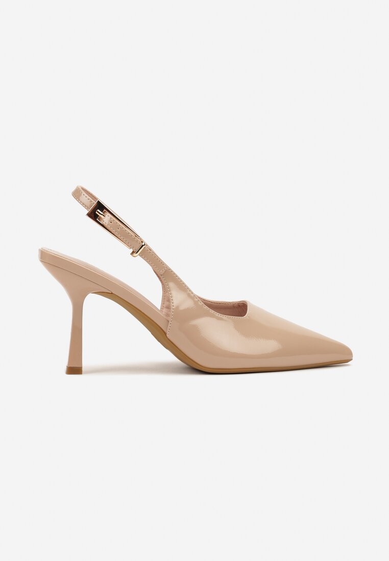 Ciemnobeżowe Sandały Lakierowane na Szpilce Vices Typu Slingback Tilazea