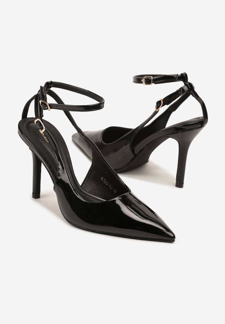 Czarne Sandały Lakierowane Vices na Szpilce Typu Slingback Dolenita