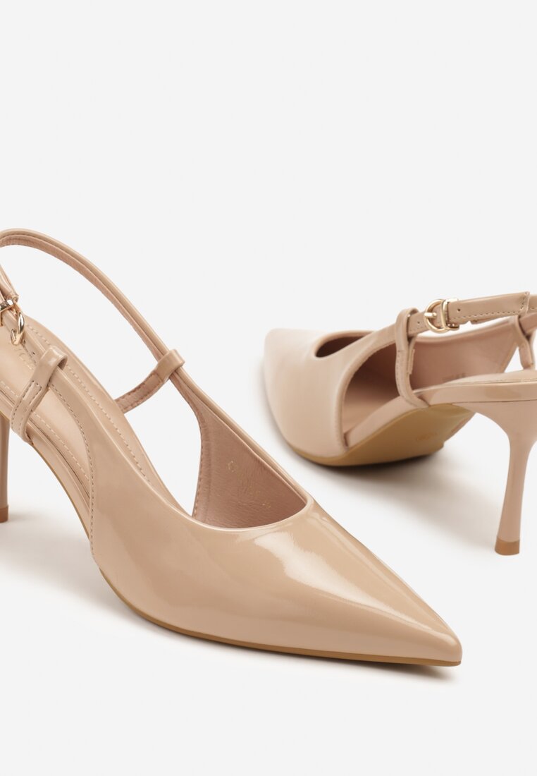 Ciemnobeżowe Sandały Lakierowane Vices na Szpilce Slingback Raleira