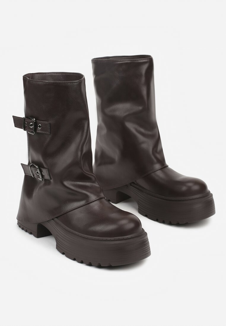 Ciemnobrązowe Botki Biker Vices z Wywiniętą Cholewką Platformą i Klamrami Reinila