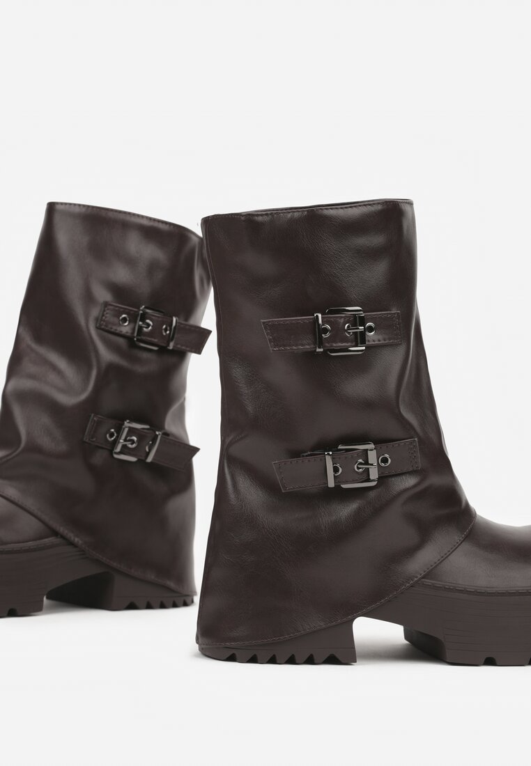 Ciemnobrązowe Botki Biker Vices z Wywiniętą Cholewką Platformą i Klamrami Reinila