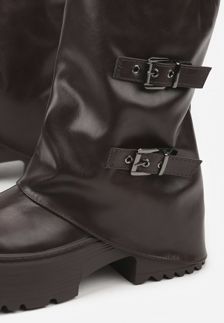 Ciemnobrązowe Botki Biker Vices z Wywiniętą Cholewką Platformą i Klamrami Reinila