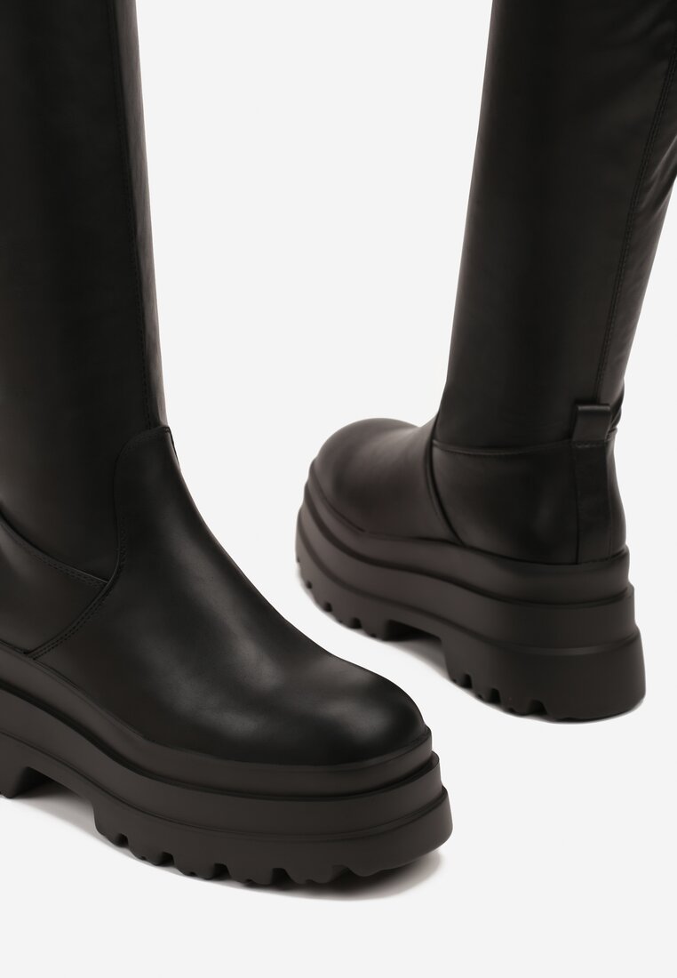 Czarne Wysokie Kozaki Vices w Stylu Chunky z Dopasowaną Cholewką Ceterie
