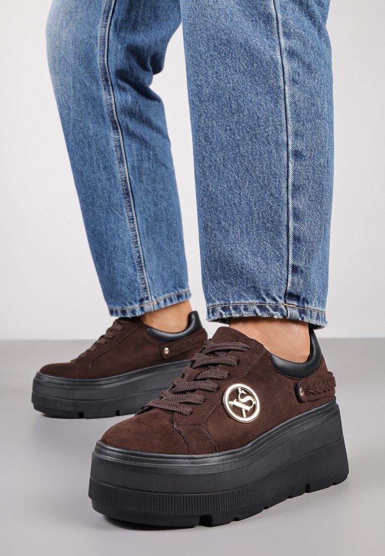 Brązowe Sneakersy Vices na Platformie Ozdobione Metaliczną Aplikacją Tatellia