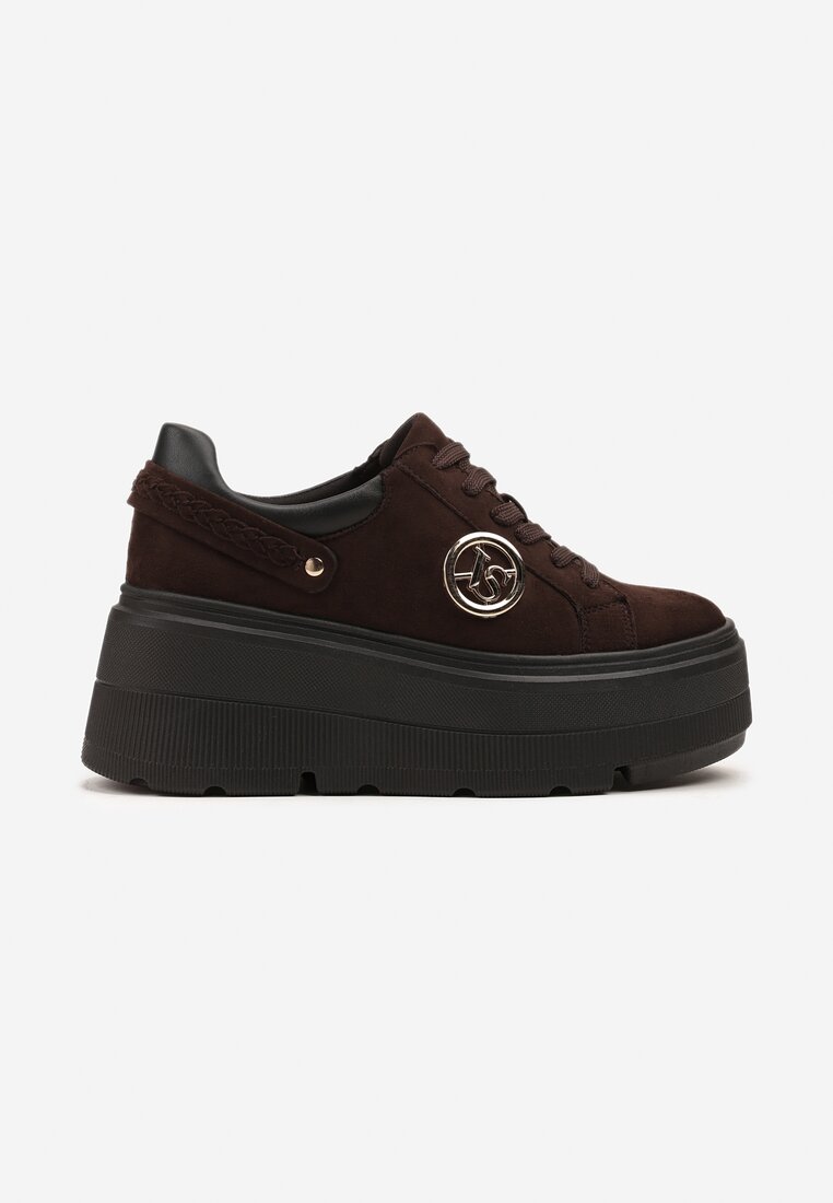 Brązowe Sneakersy Vices na Platformie Ozdobione Metaliczną Aplikacją Tatellia