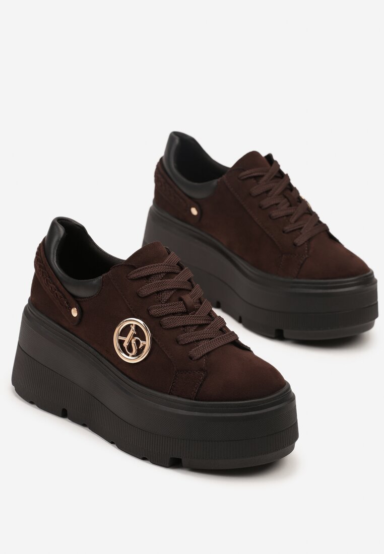 Brązowe Sneakersy Vices na Platformie Ozdobione Metaliczną Aplikacją Tatellia