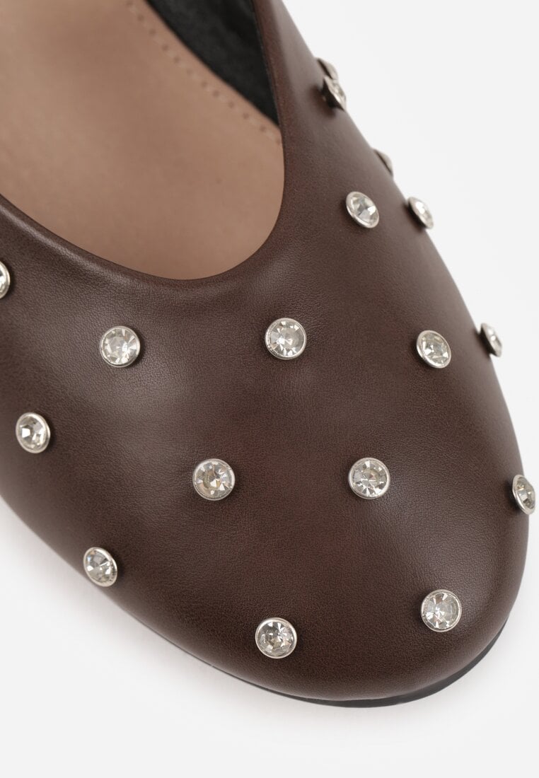 Brązowe Balerinki Vices w Stylu Mary Jane z Ćwiekami i Skórzaną Wkładką Riladora