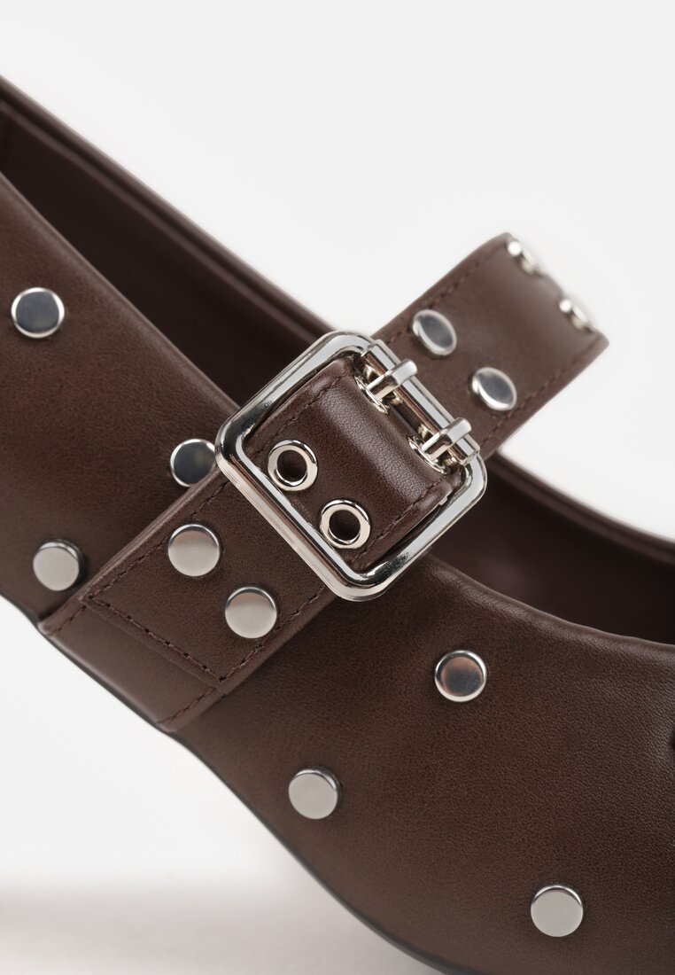 Brązowe Czółenka Vices na Szpilce z Wkładką ze Skóry Naturalnej Ozdobione Nitami Rileinea