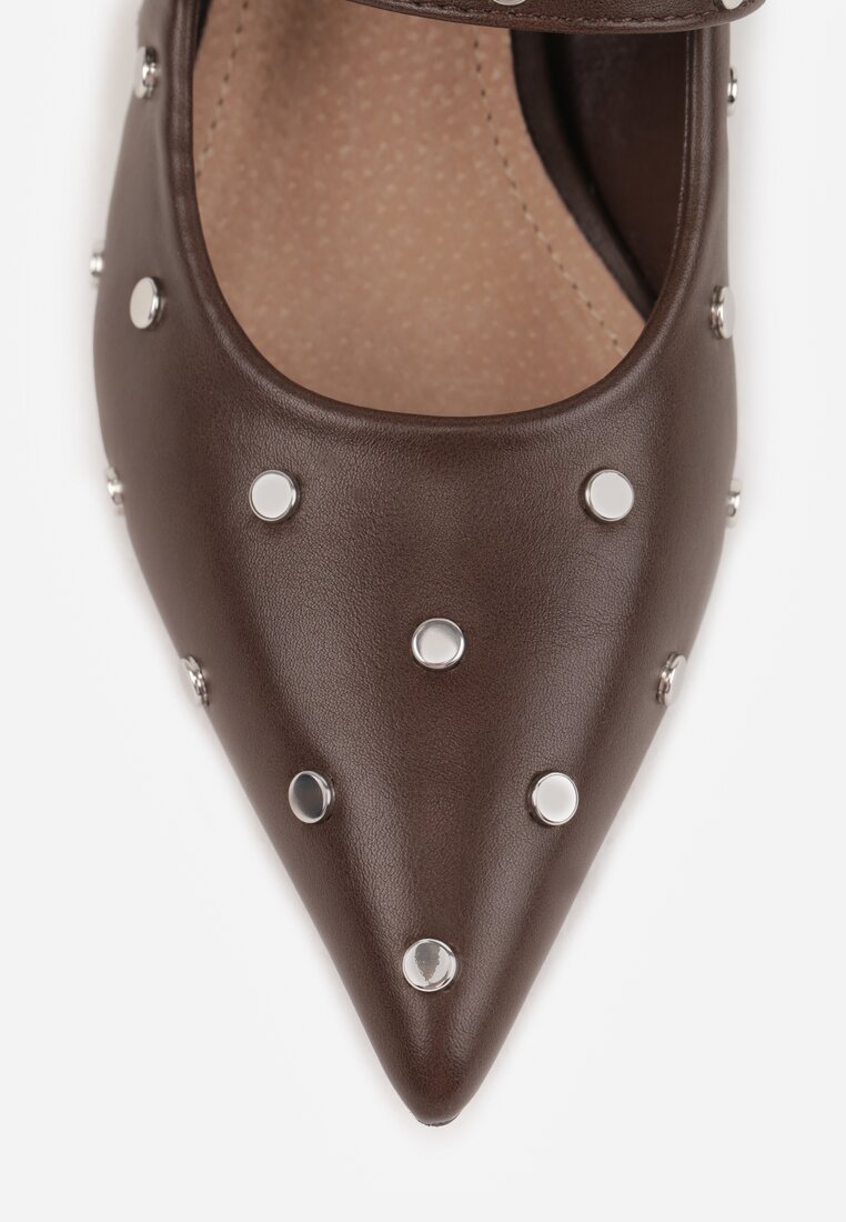 Brązowe Czółenka Vices na Szpilce z Wkładką ze Skóry Naturalnej Ozdobione Nitami Rileinea
