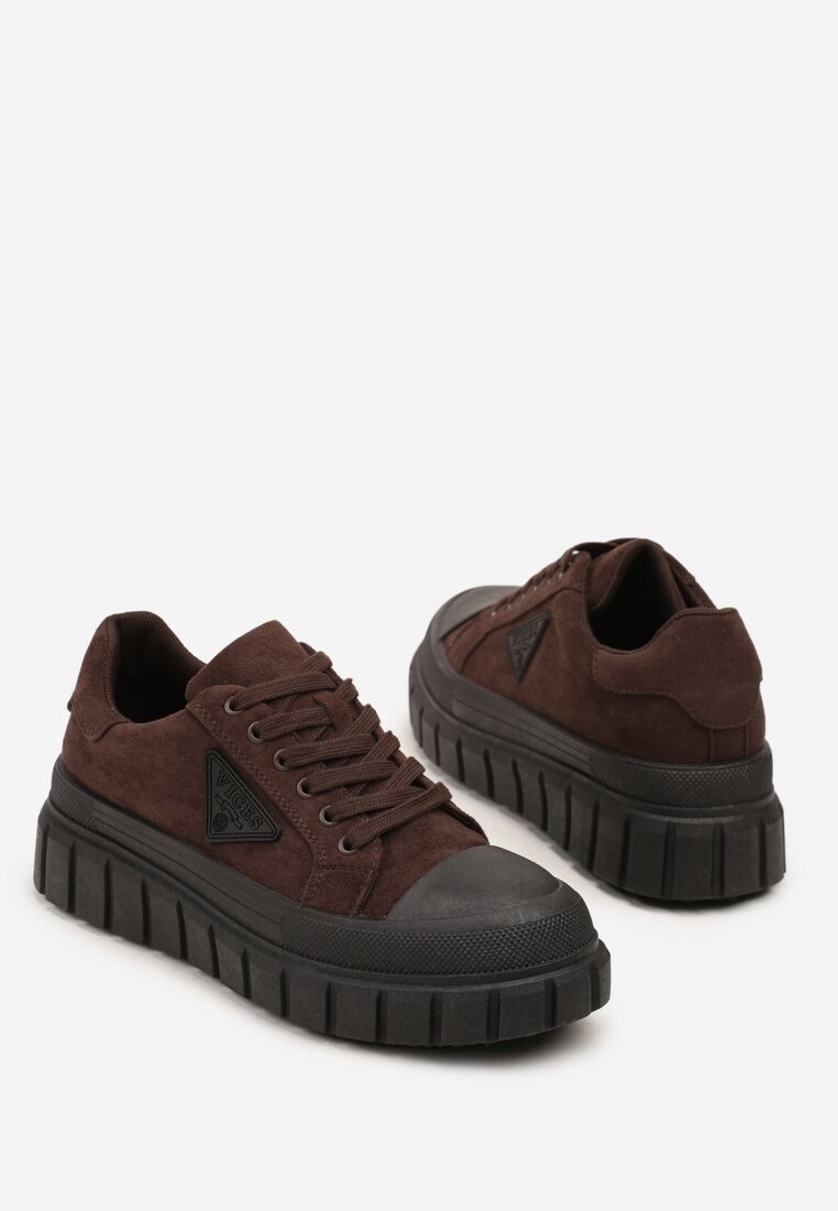 Brązowe Sneakersy Vices na Platformie z Ozdobą i Napisem Leawen