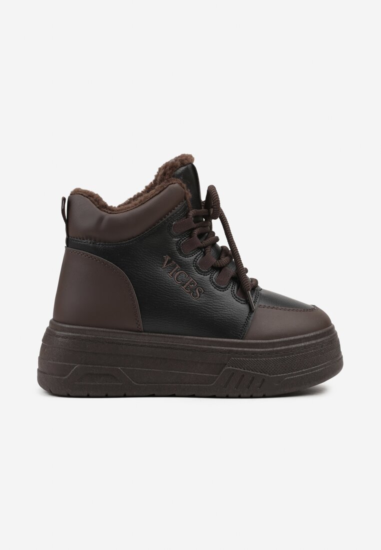 Czarno-Brązowe Sneakersy Śniegowce Vices na Tłoczonej Platformie z Napisem Olinnea