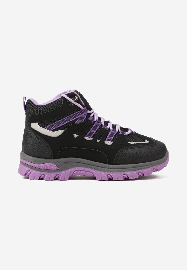 Czarno-Fioletowe Buty Trekkingowe Traperki Vices ze Sznurowaną Cholewką Afellie