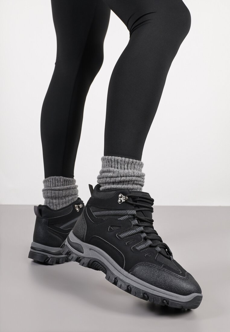 Czarne Buty Trekkingowe Traperki Vices ze Sznurowaną Cholewką Afellie