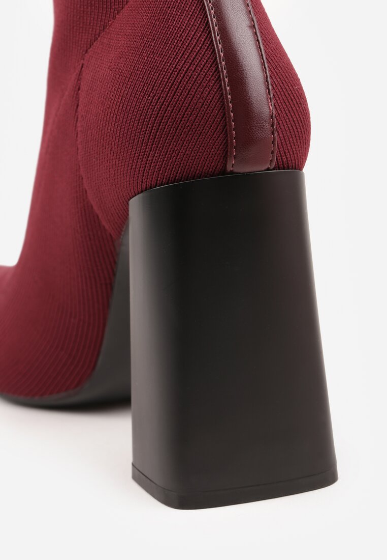 Bordowe Botki Vices na Geometrycznym Słupku ze Skarpetową Cholewką Falunelle