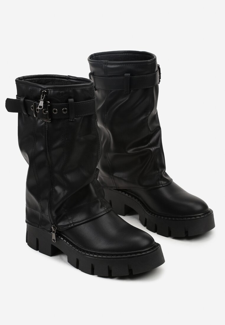 Czarne Botki Biker Boots z Cholewką Imitującą Nogawkę z Klamerką Veresta