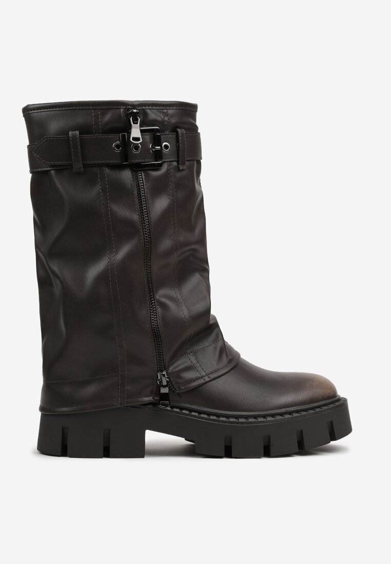 Brązowe Botki Biker Boots z Cholewką Imitującą Nogawkę z Klamerką Veresta