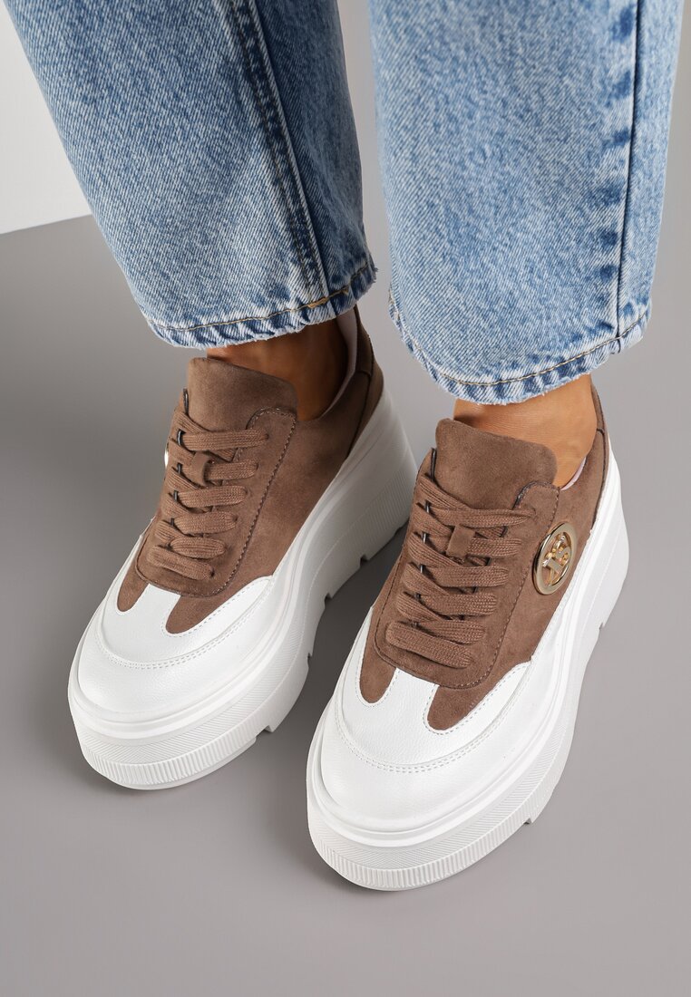 Brązowo-Białe Chunky Sneakersy Vices na Platformie z Okrągłym Detalem Sedvira