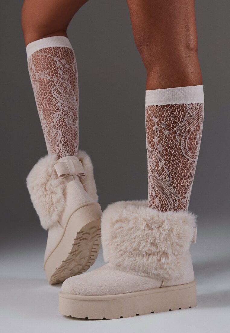 Beżowe Śniegowce z Cholewką za Kostkę Ocieplane z Futerkiem i Małą Kokardą Reinedia