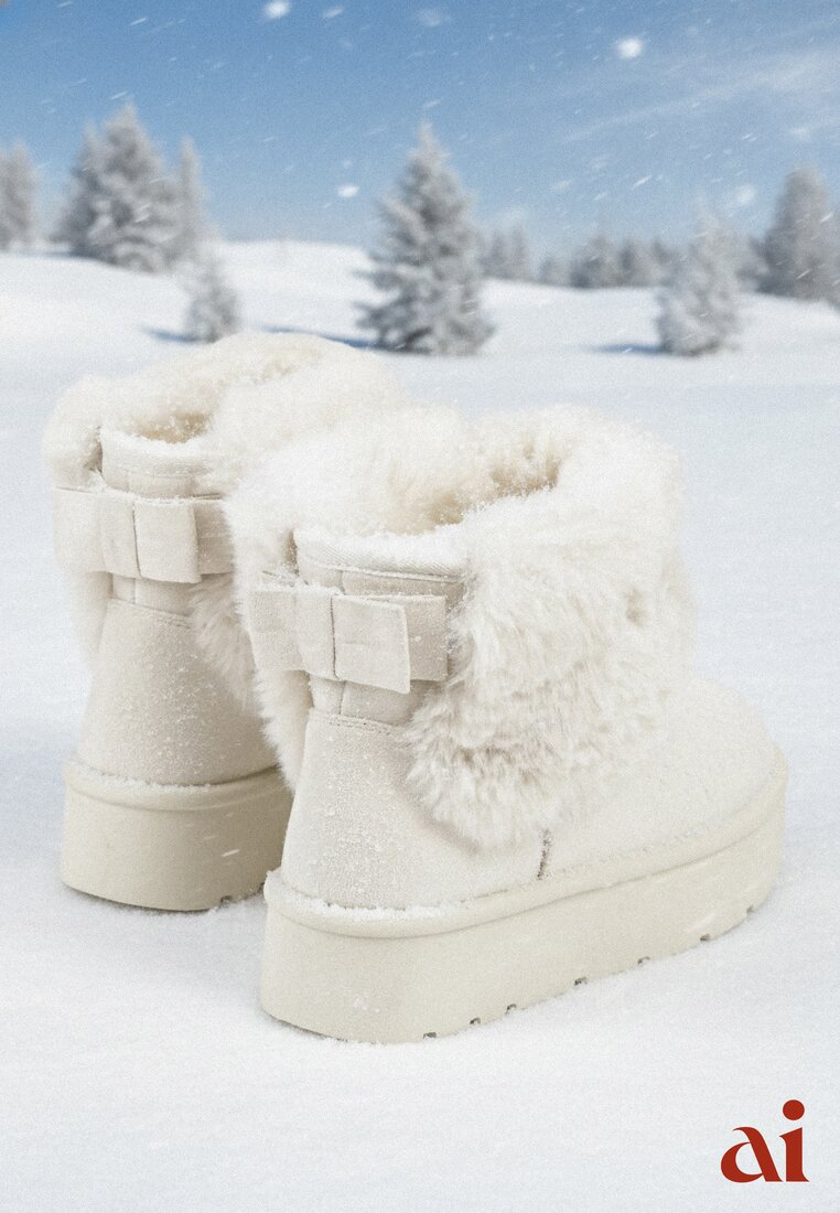 Beżowe Śniegowce z Cholewką za Kostkę Ocieplane z Futerkiem i Małą Kokardą Reinedia