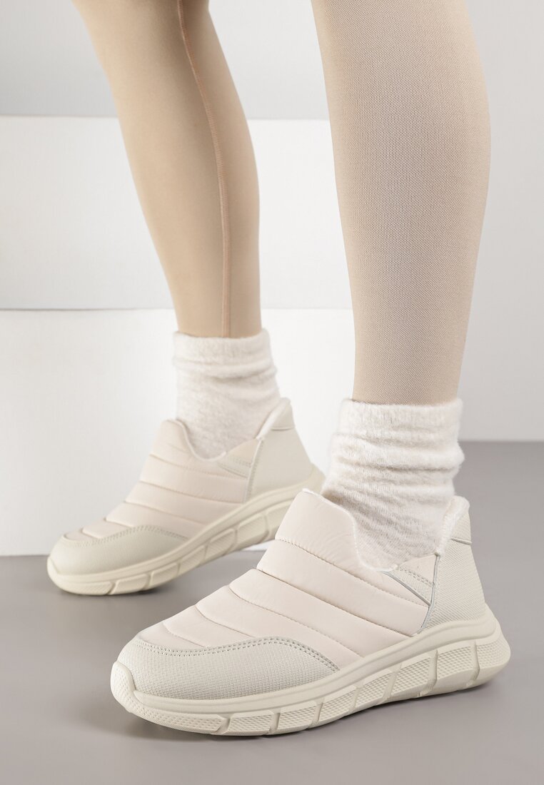 Beżowe Sneakersy na Platformie z Tłoczeniem i Pikowaną Cholewką Vermina