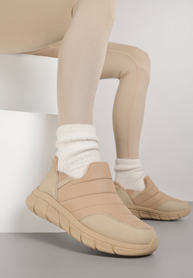 Ciemnobeżowe Sneakersy Śniegowce na Platformie z Tłoczeniem i Pikowaną Cholewką Vermina