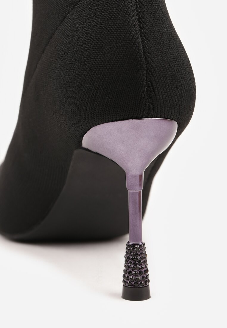 Czarne Botki Vices na Biżuteryjnej Szpilce ze Skarpetkową Cholewką i Noskiem w Szpic Tififre