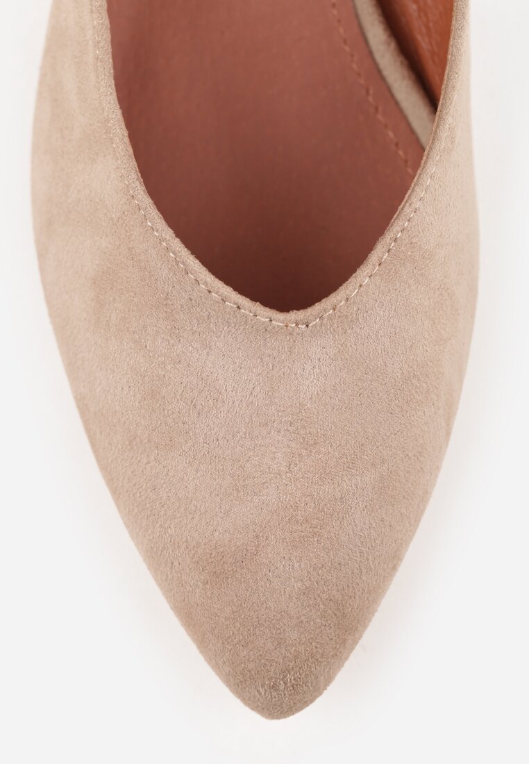Ciemnobeżowe Czółenka Vices na Słupku z Wkładką ze Skóry Naturalnej z Metaliczną Ozdobą Mixin