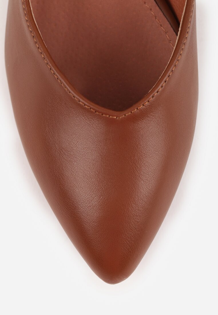 Brązowe Czółenka Vices na Słupku z Wkładką ze Skóry Naturalnej z Metaliczną Ozdobą Mixin