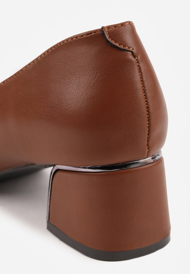 Brązowe Czółenka Vices na Słupku z Wkładką ze Skóry Naturalnej z Metaliczną Ozdobą Mixin
