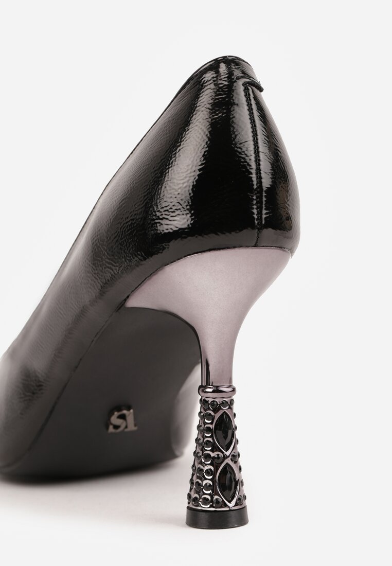 Czarne Lakierowane Szpilki Vices z Wkładką ze Skóry Naturalnej Zdobione Cyrkoniami Gioriana