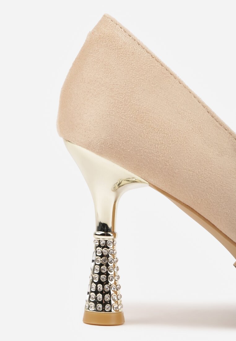 Beżowe Szpilki Vices z Wkładką ze Skóry Naturalnej Ozdobione Cyrkoniami Gioriana
