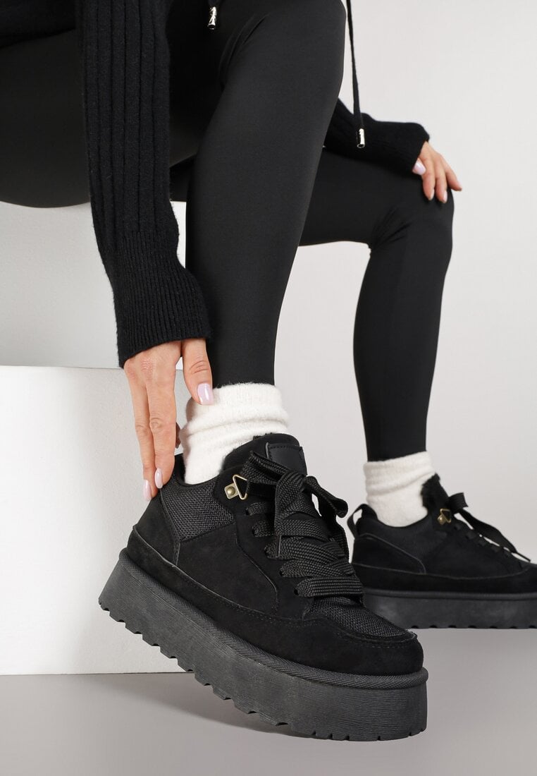 Czarne Sneakersy Śniegowce o Fasonie Sneakersów na Platformie Velavine
