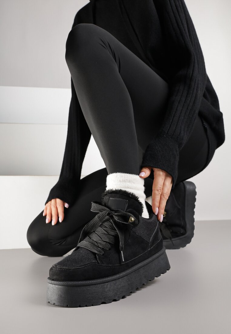 Czarne Sneakersy Śniegowce o Fasonie Sneakersów na Platformie Velavine