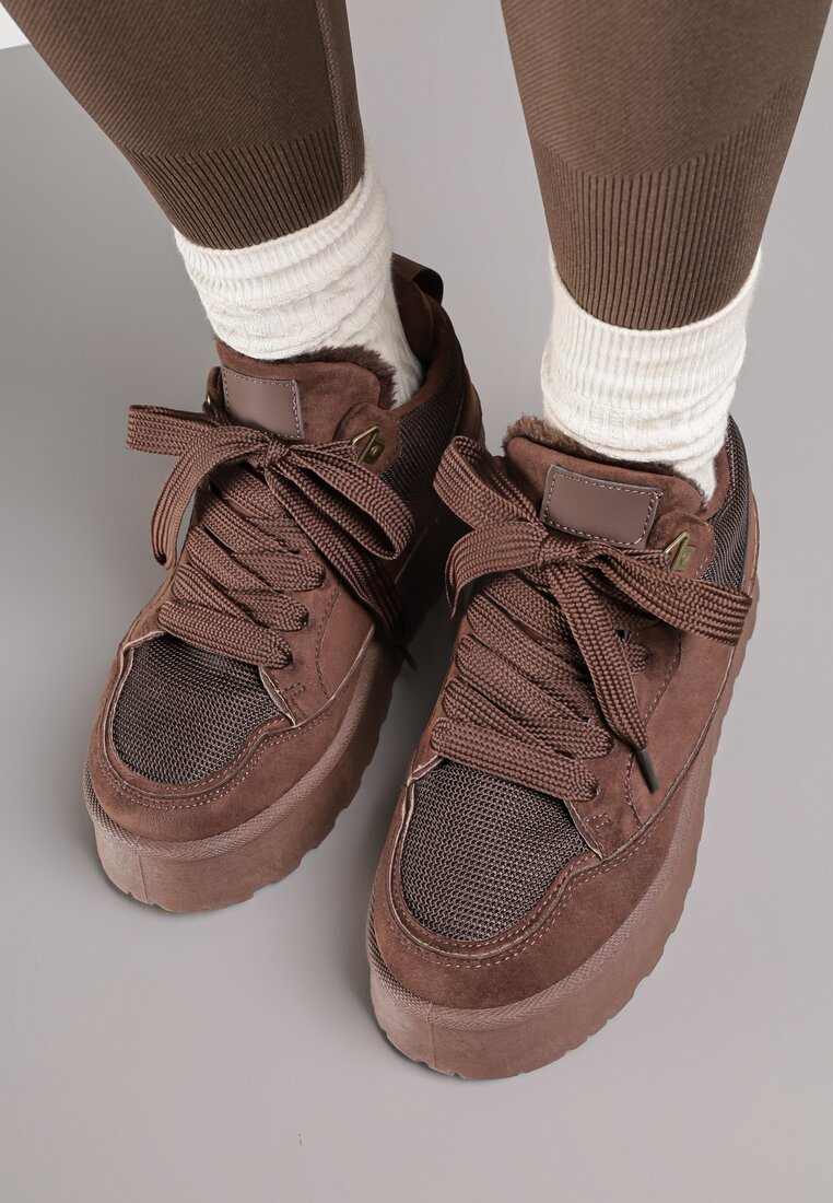 Brązowe Sneakersy Śniegowce o Fasonie Sneakersów na Platformie Velavine