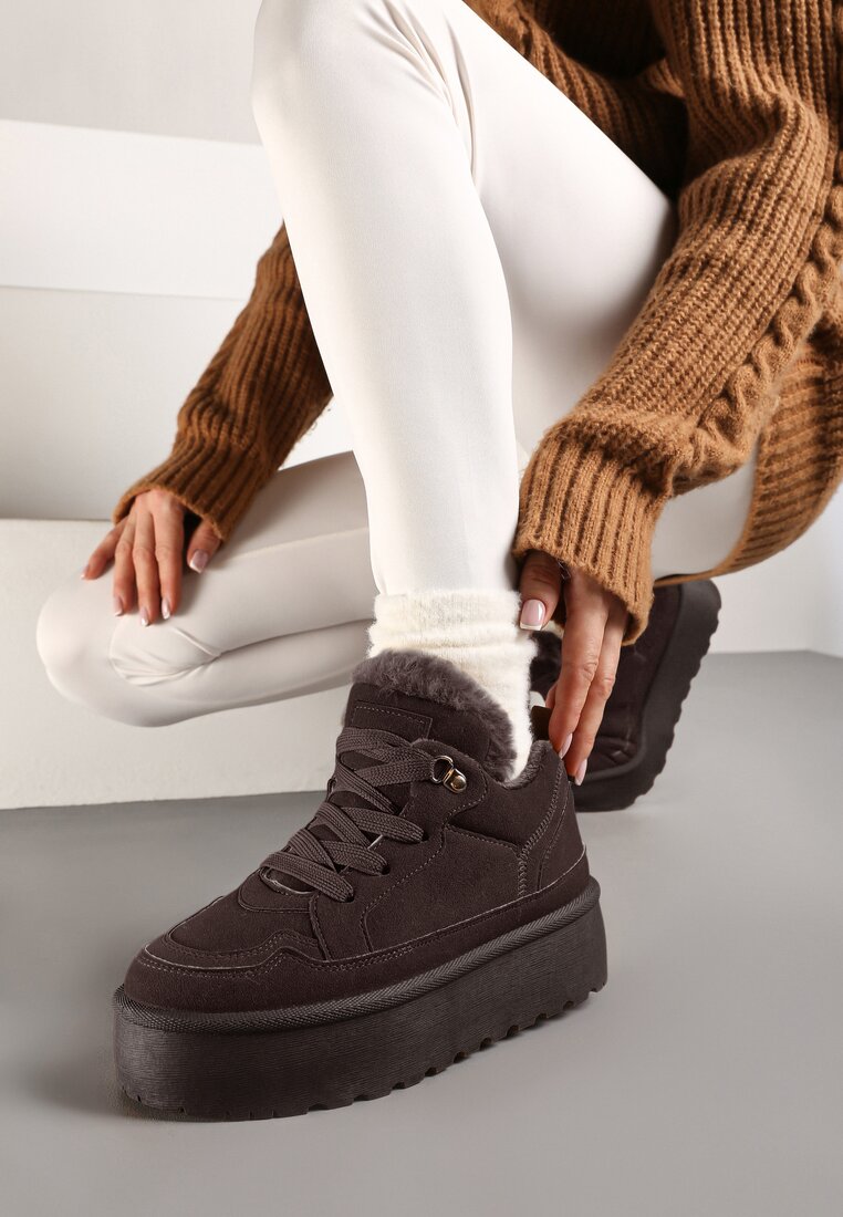 Brązowe Sneakersy Vices Stylizowane na Śniegowce na Platformie Obszyte Futerkiem Naleris