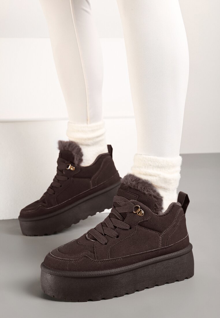 Brązowe Sneakersy Vices Stylizowane na Śniegowce na Platformie Obszyte Futerkiem Naleris