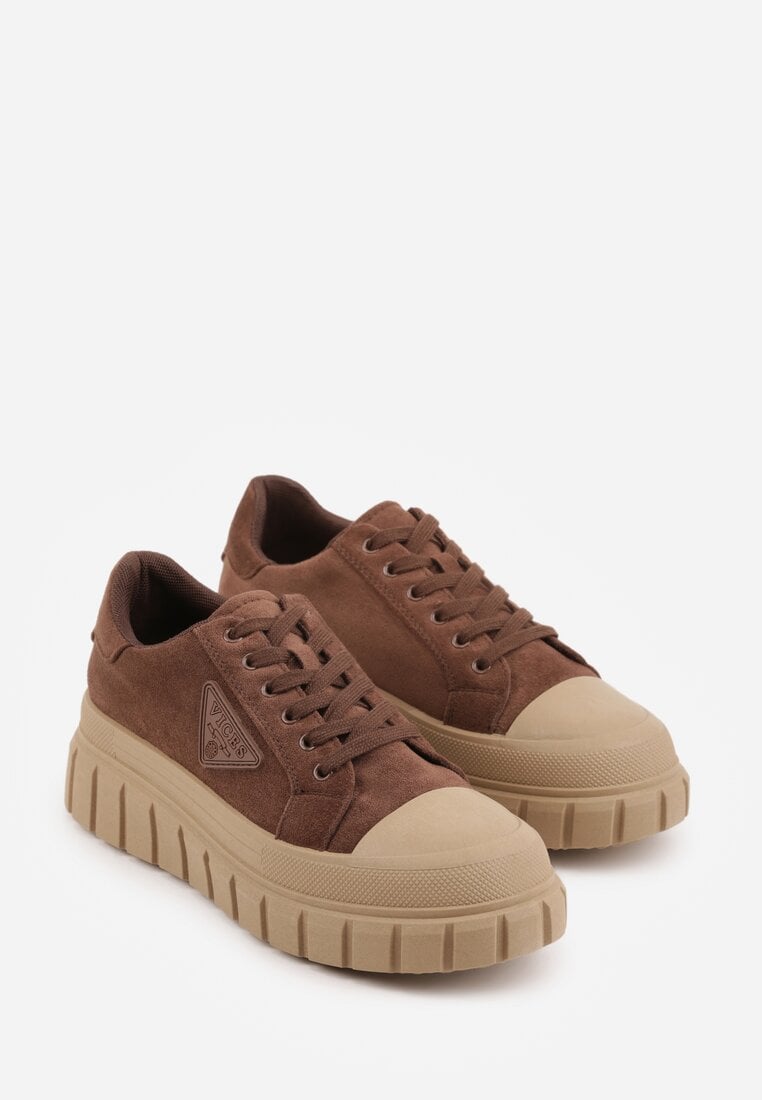 Jasnobrązowe Sneakersy Vices na Platformie z Ozdobą i Napisem Leawen