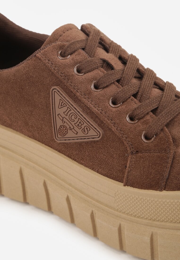 Jasnobrązowe Sneakersy Vices na Platformie z Ozdobą i Napisem Leawen