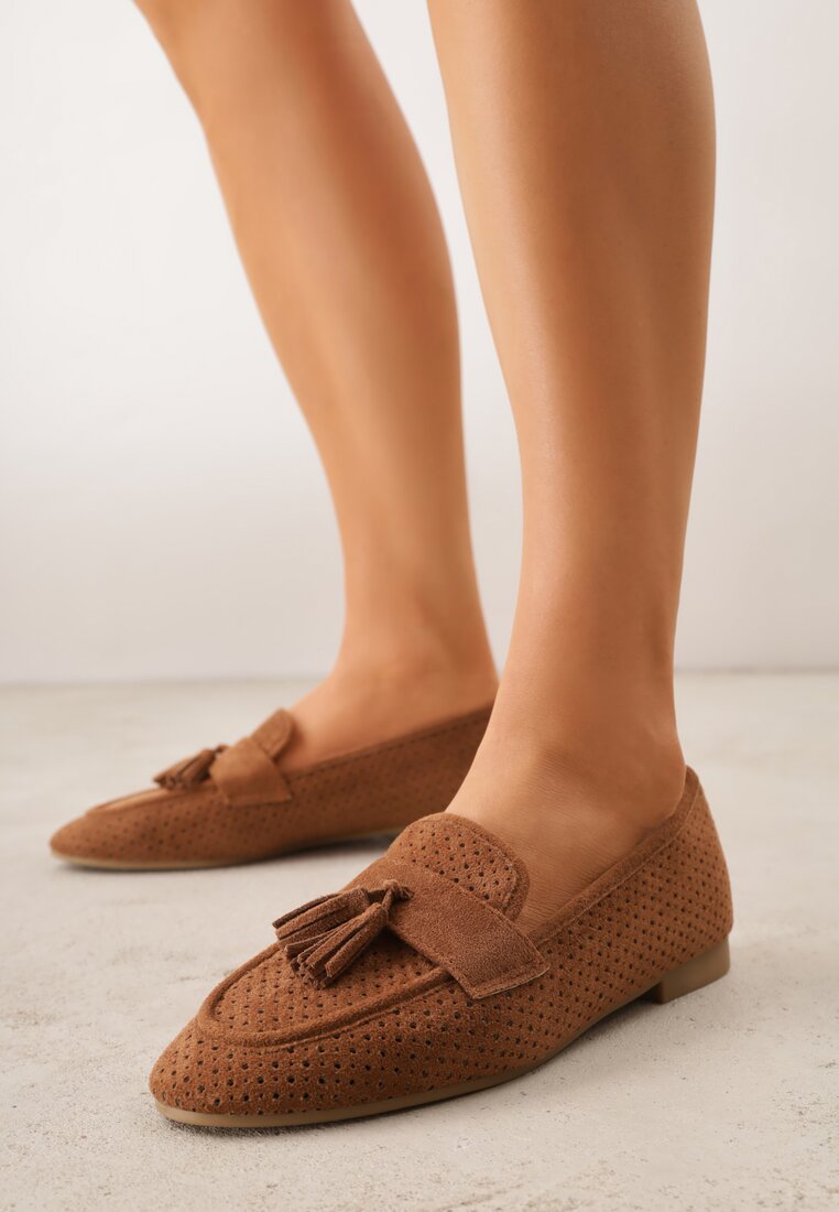 Brązowe Mokasyny VICES z Ażurową Cholewką i Frędzlami Hyrilea