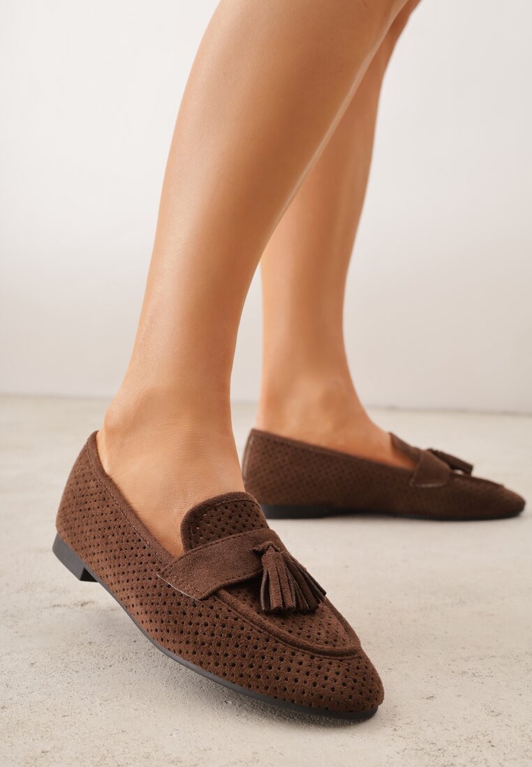Ciemnobrązowe Mokasyny VICES z Ażurową Cholewką i Frędzlami Hyrilea