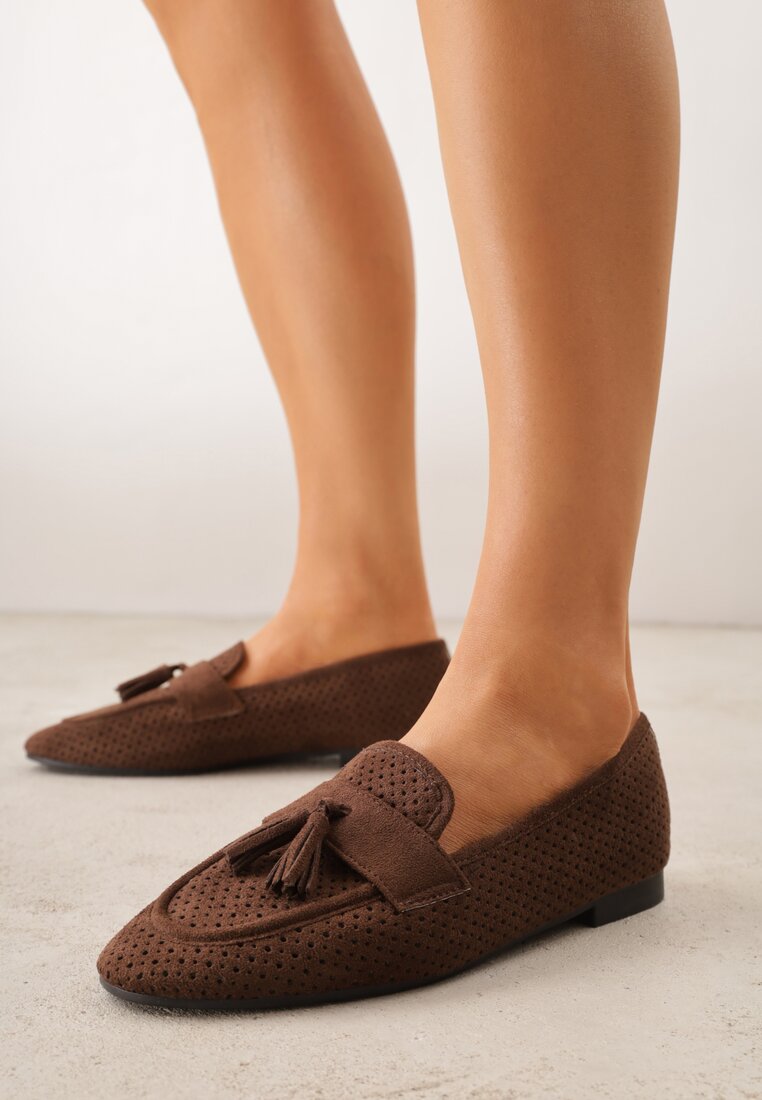 Ciemnobrązowe Mokasyny VICES z Ażurową Cholewką i Frędzlami Hyrilea