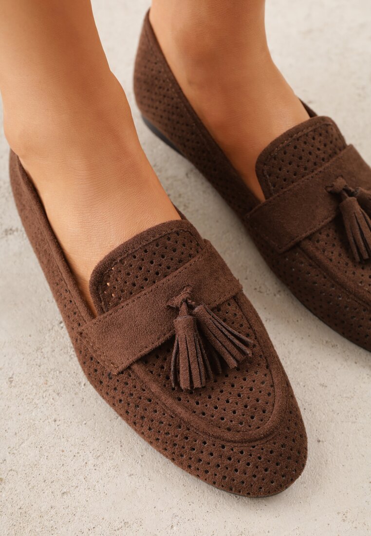 Ciemnobrązowe Mokasyny VICES z Ażurową Cholewką i Frędzlami Hyrilea