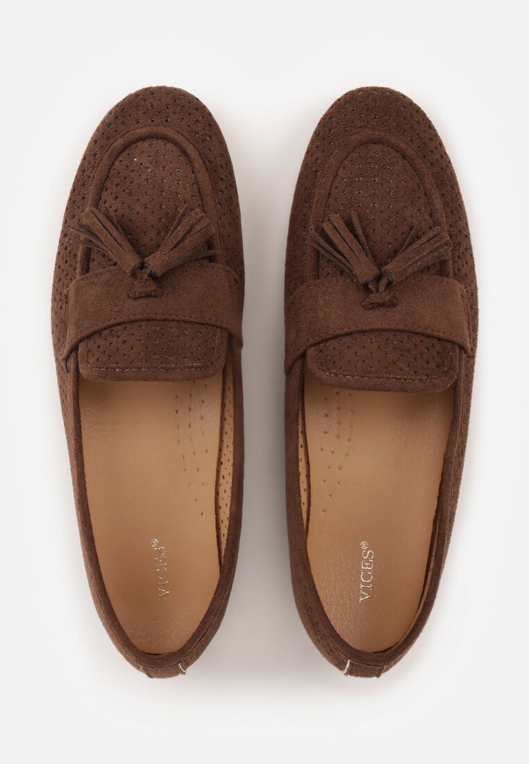 Ciemnobrązowe Mokasyny VICES z Ażurową Cholewką i Frędzlami Hyrilea