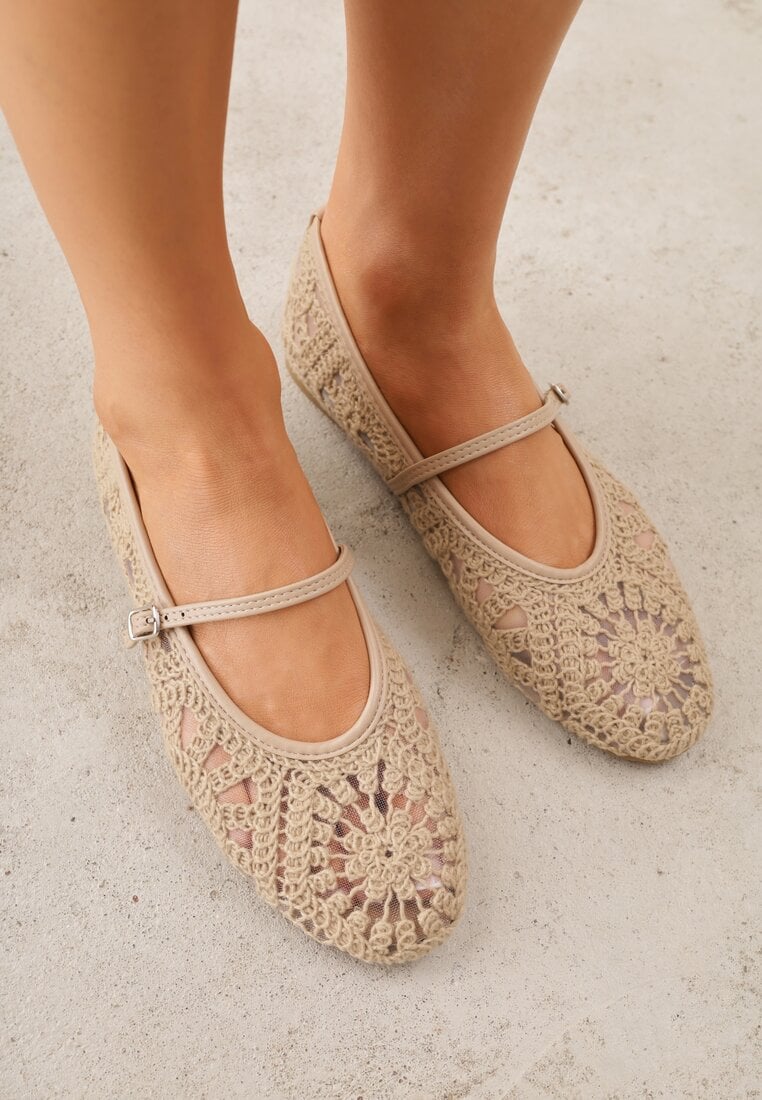 Ciemnobeżowe Boho Balerinki VICES w Stylu Mary Jane z Ażurową Cholewką Lainia