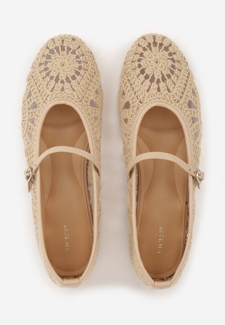 Ciemnobeżowe Boho Balerinki VICES w Stylu Mary Jane z Ażurową Cholewką Lainia