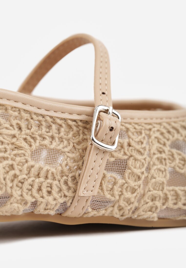 Ciemnobeżowe Boho Balerinki VICES w Stylu Mary Jane z Ażurową Cholewką Lainia